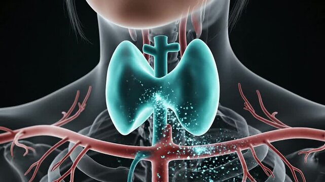 Detailed Anatomical Illustration of the Thyroid Gland Highlighting Its Role in Human Health with Arteries and Veins in Background