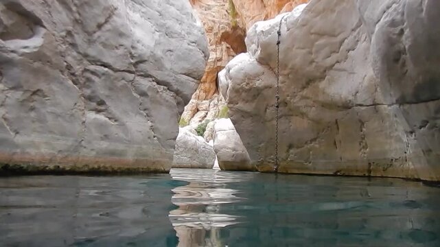 POV Walking Through Water in Wadi Bani Khalid Canyon Oasis, Oman