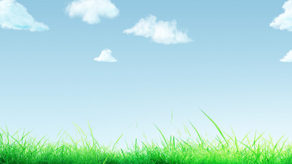 Fototapeta premium Green grass field with clouds on blue background. Fresh lawn meadow under bright sunny sky for environment