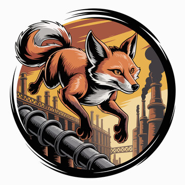 Cartoon Fox Jumping Over Pipe Industrial.