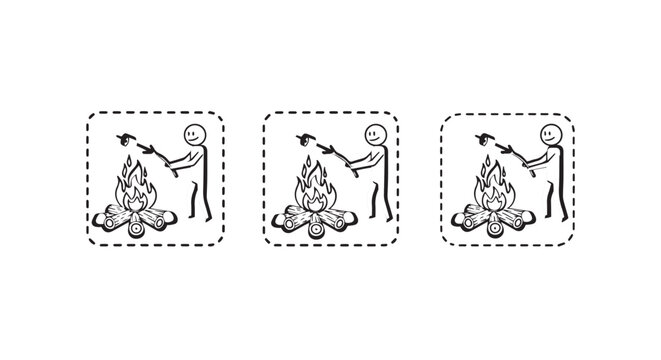Illustrated sequence of person tending campfire outdoors.