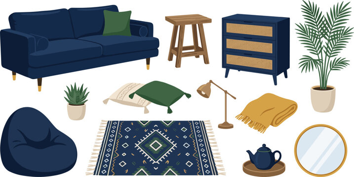 Cozy Modern Living Room Furniture and Home Interior Decor Element Set with Navy Blue Sofa Dresser Rug Plants and Bean Bag Vector Graphics