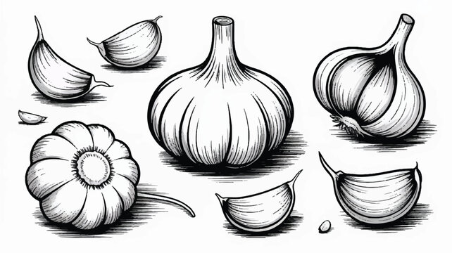 Drawing of various garlic bulbs and cloves on white background