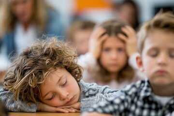 Fototapeta premium Tired young boy student sleeping on desk in elementary school classroom