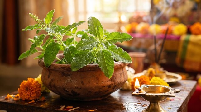 Sacred Tulasi Plant in Traditional Clay Pot with a Flickering Brass Diya Lamp, Spiritual Hindu Puja Ritual and Green Holy Basil Leaves