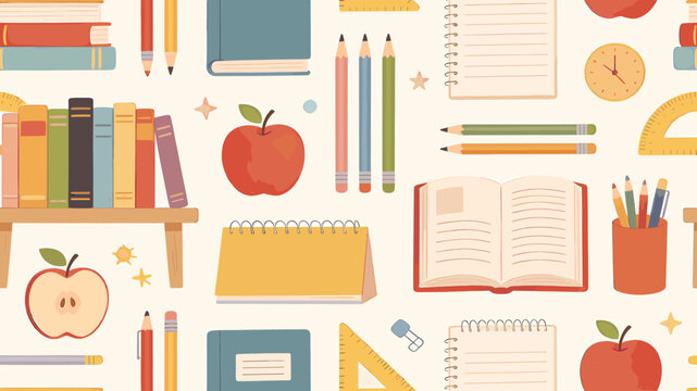 A vibrant and colorful illustration of school supplies, books, and apples arranged in a repeating pattern, evoking a sense of education and learning.