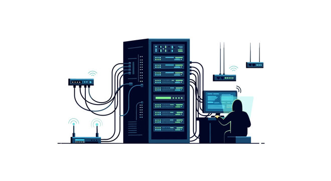 Data Center Server Room with Technician at Work