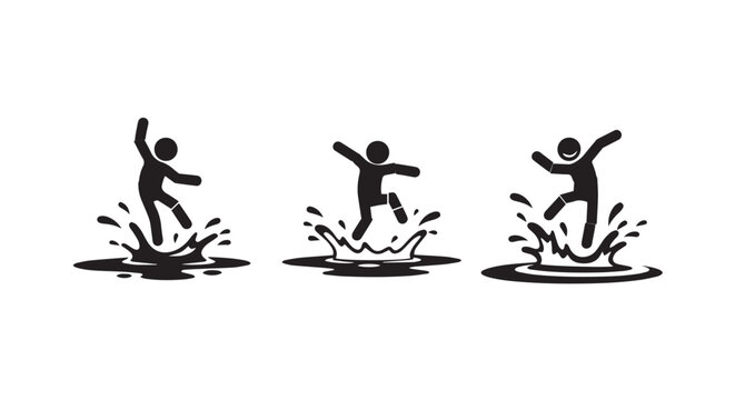 Sequential illustrations of person jumping in puddles joyfully.