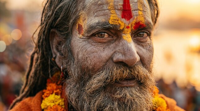 Cinematic Close-up Portrait of a Hindu Sadhu with Ash-Smeared Skin, Traditional Vermilion Markings, and Marigold Garlands at Kumbh Mela Festival
