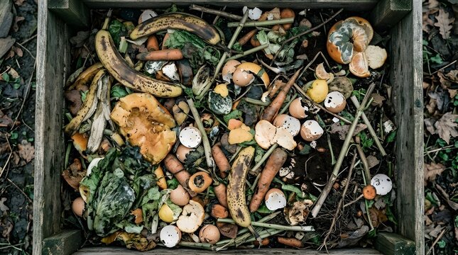 A detailed top-down view of decomposing food scraps within a composting bin, highlighting organic waste and natural decay processes