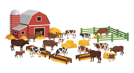 Farm animals and barn illustration with cows and hay bales © Saipur