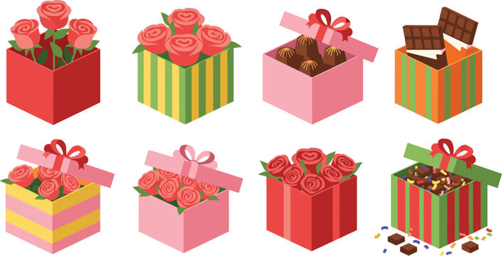 Flat Isometric Gift Box Vector Illustration Set Featuring Romantic Roses Chocolates And Candies For Valentines Day Present Designs