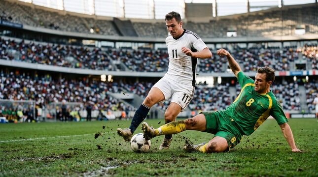 Professional Soccer Player Dribbling Ball While Defender Performs Sliding Tackle in Stadium