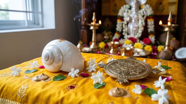 Sacred White Conch Shell and Sudarshana Chakra Plate on Traditional Yellow Silk Cloth for Bhadrapada Masam Lord Vishnu Puja Rituals