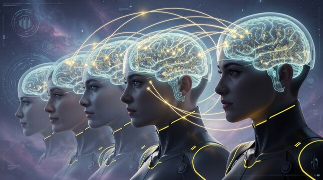 Five futuristic humanoid figures with illuminated brains connected by glowing neural pathways, symbolizing advanced AI and collective intelligence.