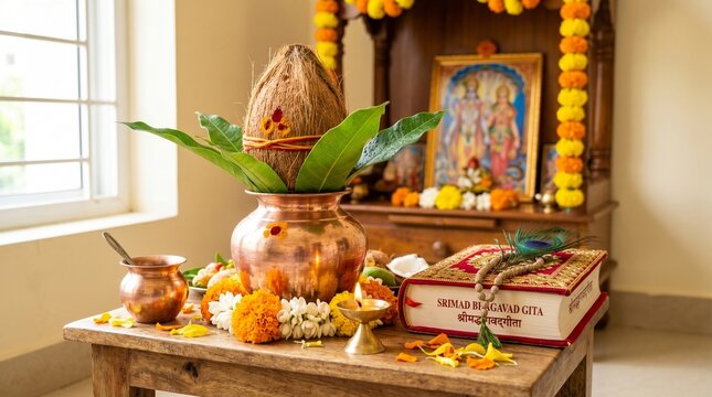 Traditional Copper Kalash with Coconut and Mango Leaves for Bhadrapada Masam Vishnu Puja Placed next to Bhagavad Gita Holy Scripture