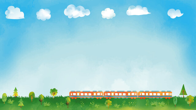 水彩風 ほのぼの緑の中を走るオレンジ電車と木々と青空風景(16:9) Blue Sky Series:Watercolor-style image of an orange train running through a tranquil green landscape with trees and a blue sky