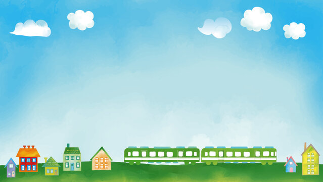 水彩風 ほのぼの緑の中を走るグリーン電車と家と青空風景(16:9) Blue Sky Series:Watercolor-style painting depicting a gentle green train running through a lush landscape with houses and a blue sky
