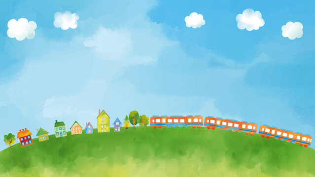 水彩風 緑の丘を走るオレンジ電車と家々と木々と青空風景(16:9) Blue Sky Series:A watercolor-style scene of an orange train running across green hills, surrounded by houses, trees, and a blue sky