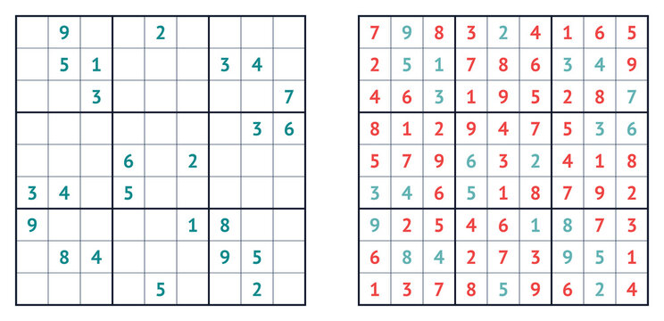 Sudoku puzzle with partially solved grid and completed solution  