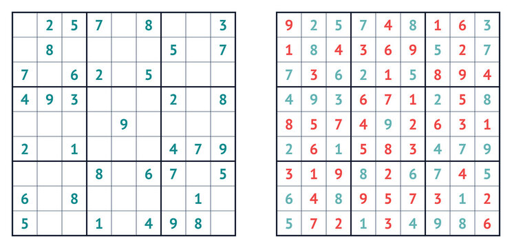 Sudoku puzzle game with completed grid and solution on paper  