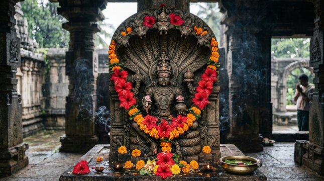 Ancient stone carving of a multi-headed serpent deity Naga Devta decorated with fresh hibiscus and marigold garlands for Shravana Shukla Panchami festival