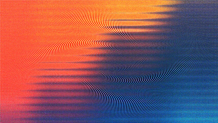 Abstract background with a vibrant gradient of orange, yellow, and blue, featuring a dynamic moir pattern effect with wavy, distorted lines and a halftone dot texture © Tofayel Ahmed