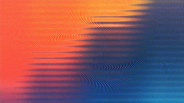 Abstract background with a vibrant gradient of orange, yellow, and blue, featuring a dynamic moir pattern effect with wavy, distorted lines and a halftone dot texture