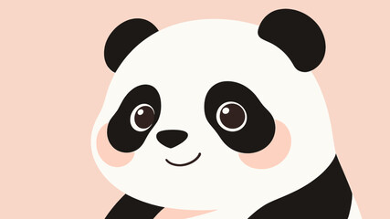 A charming and adorable cartoon panda bear with a gentle smile and rosy cheeks on a soft pink background. © Sekar