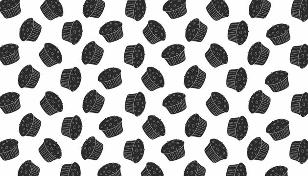 Doodle Muffin pattern illustration. Hand drawn bakery Seamless Pattern. Cupcake outline repeat background. Minimal line baking design. Pastry wrapping surface.