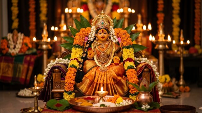 Goddess Mangala Gowri Idol for Shravana Masam Puja, Traditionally Adorned with Turmeric, Vermillion, and Exquisite Indian Gold Jewelry Ornamentation
