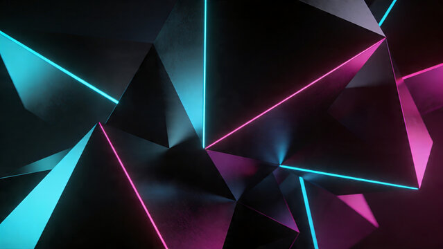 Neon teal pink 3D geometric polygon dark abstract background