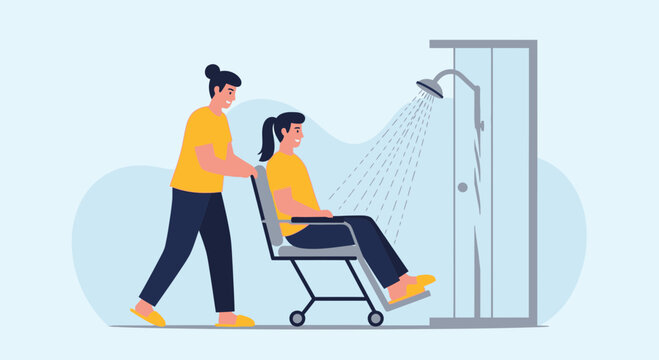 Disability Caregiver Pushing Person in Wheelchair Towards Shower