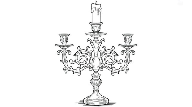 Vintage candelabra with three candle holders and one lit candle on top made of metal