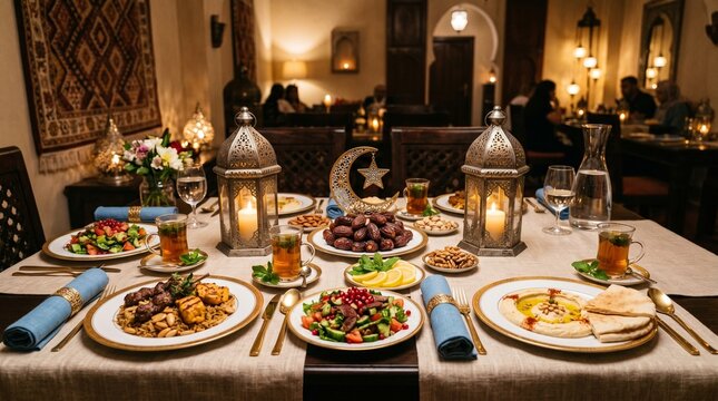 Image depicts a beautifully arranged dining table set for a meal, featuring a Middle Eastern theme. The table is covered with a light beige tablecloth and adorned with two ornate, silver-colored lante