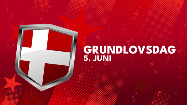 Grundlovsdag 5. juni banner with Denmark flag shield