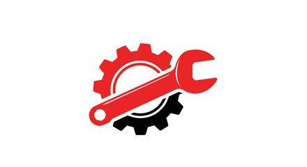 Fototapeta premium Red Wrench and Gears Icon - Mechanical Repair and Industry Symbol