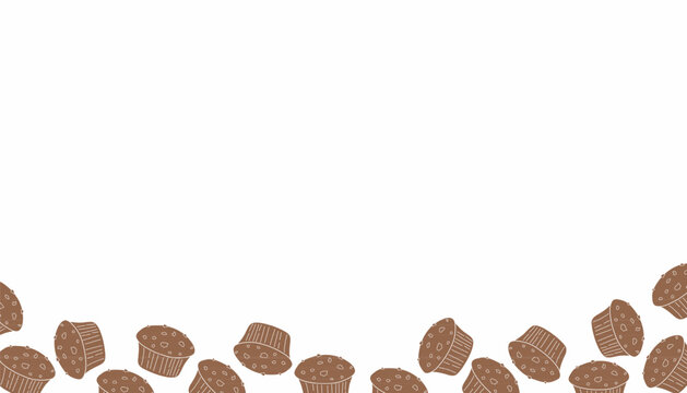Doodle Muffin pattern illustration. Hand drawn bakery Frame Pattern. Cupcake outline repeat background. Minimal line baking design. Pastry wrapping surface.