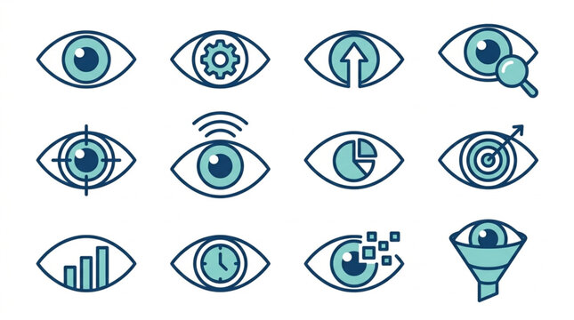 Collection of stylized eye icons representing various concepts.