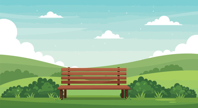 Peaceful park scene featuring wooden bench centered on green grassy field with rolling hills and blue sky background dotted with fluffy white clouds daytime.