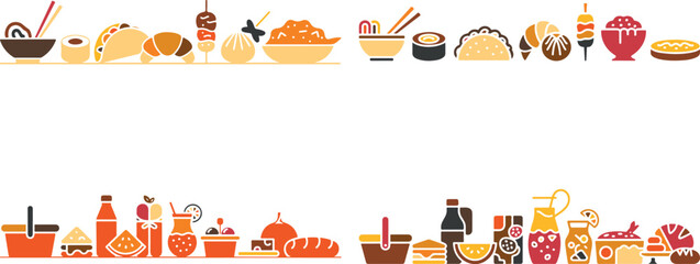 Fototapeta premium Colorful flat illustration of various food and drink items on two shelves