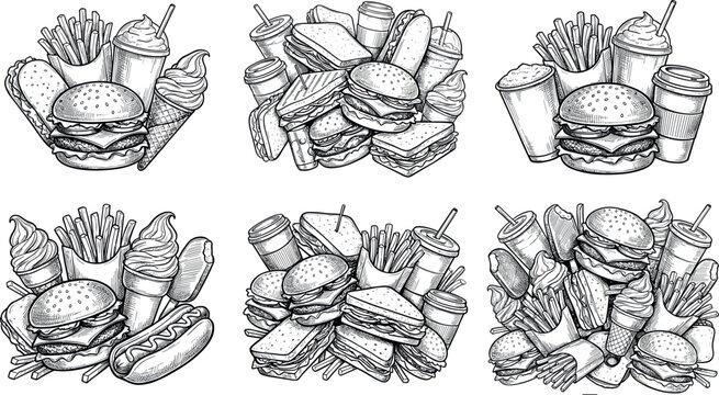Vintage Fast Food Illustration Collection with Burgers, Fries, Sandwiches, Soft Drinks, and Hand Drawn Junk Food Vector Designs