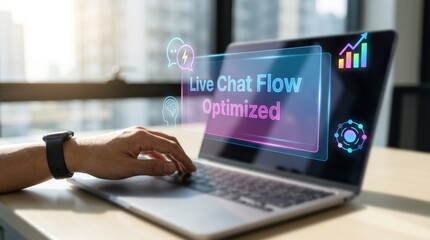 Fototapeta premium AI Business Optimization Concept: Professional Interacting with Holographic Live Chat Flow and Analytics Interface