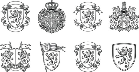 Heraldic Lion Crest Collection with Royal Coat of Arms Shields, Medieval Emblems, and Vintage Monarchy Vector Illustration Set © Auwal