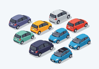 Fototapeta premium Collection of colorful cars in various styles on a plain background