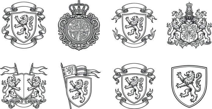 Heraldic Lion Crest Collection with Royal Coat of Arms Shields, Medieval Emblems, and Vintage Monarchy Vector Illustration Set