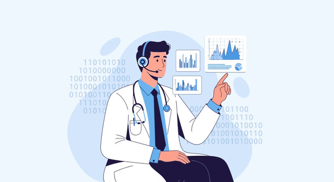 Doctor Analyzing Medical Data Charts and Binary Code - Digital Health Concept