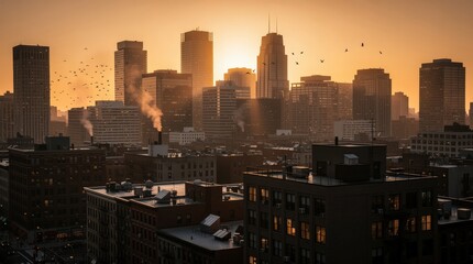 Obraz premium A city skyline at sunset with tall buildings silhouetted against an orange sky and birds flying above the urban landscape.