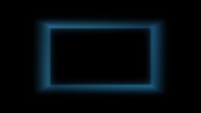 Abstract glowing blue square frame moves across black background with lighting effects