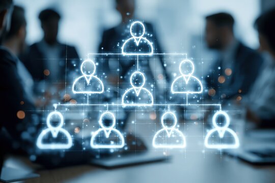 Holographic organizational chart glowing in blue and white, blurred corporate meeting in the background, business hierarchy concept